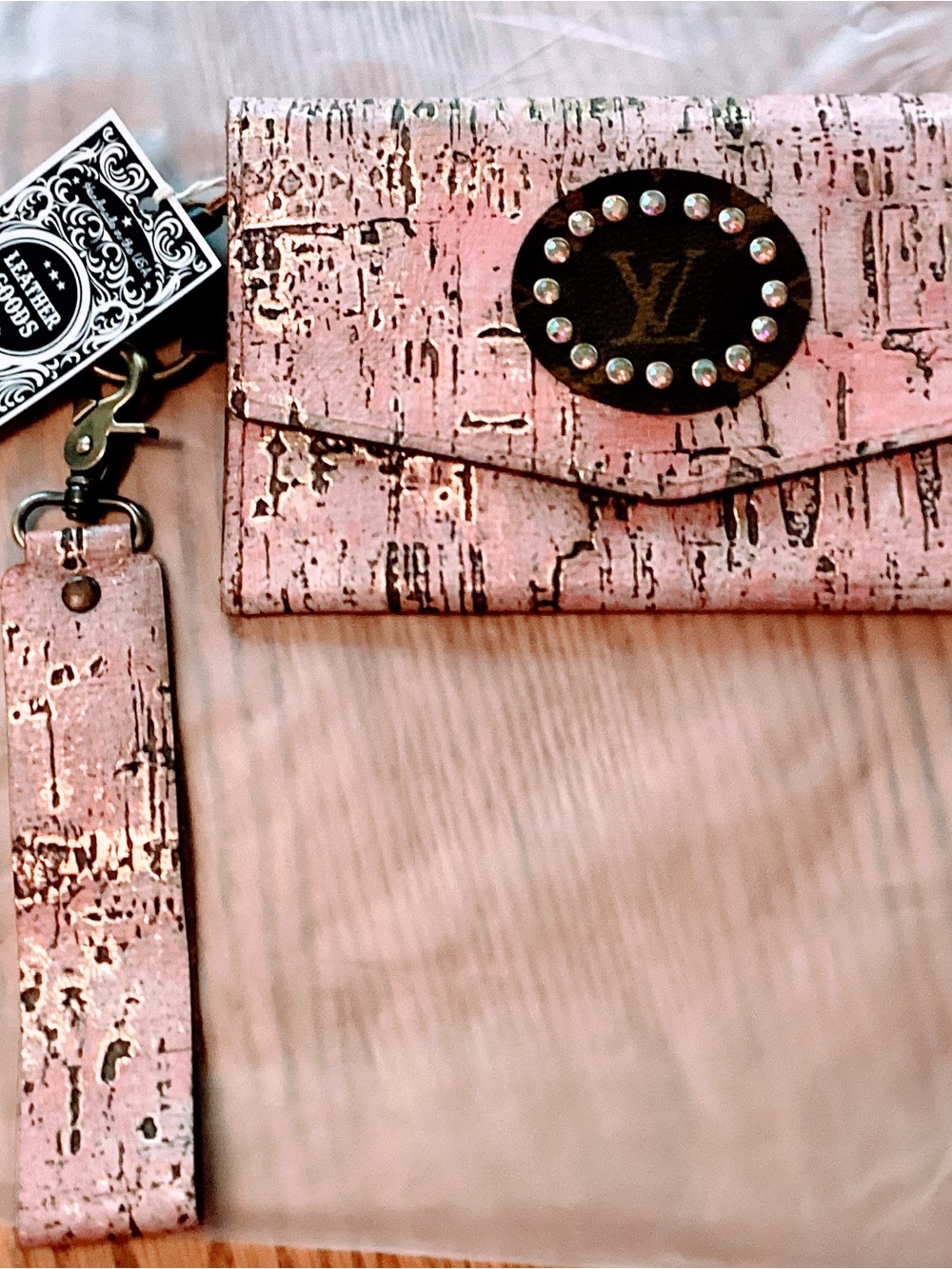 Leather Goods Logo Pink Cork Wristlet and Clutch